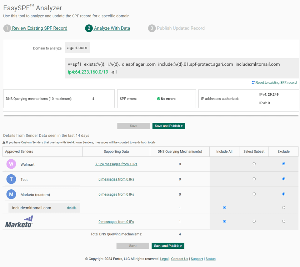Agari EasySPF Analyzer showing approved senders, SPF mechanisms, message data, and include or exclude choices