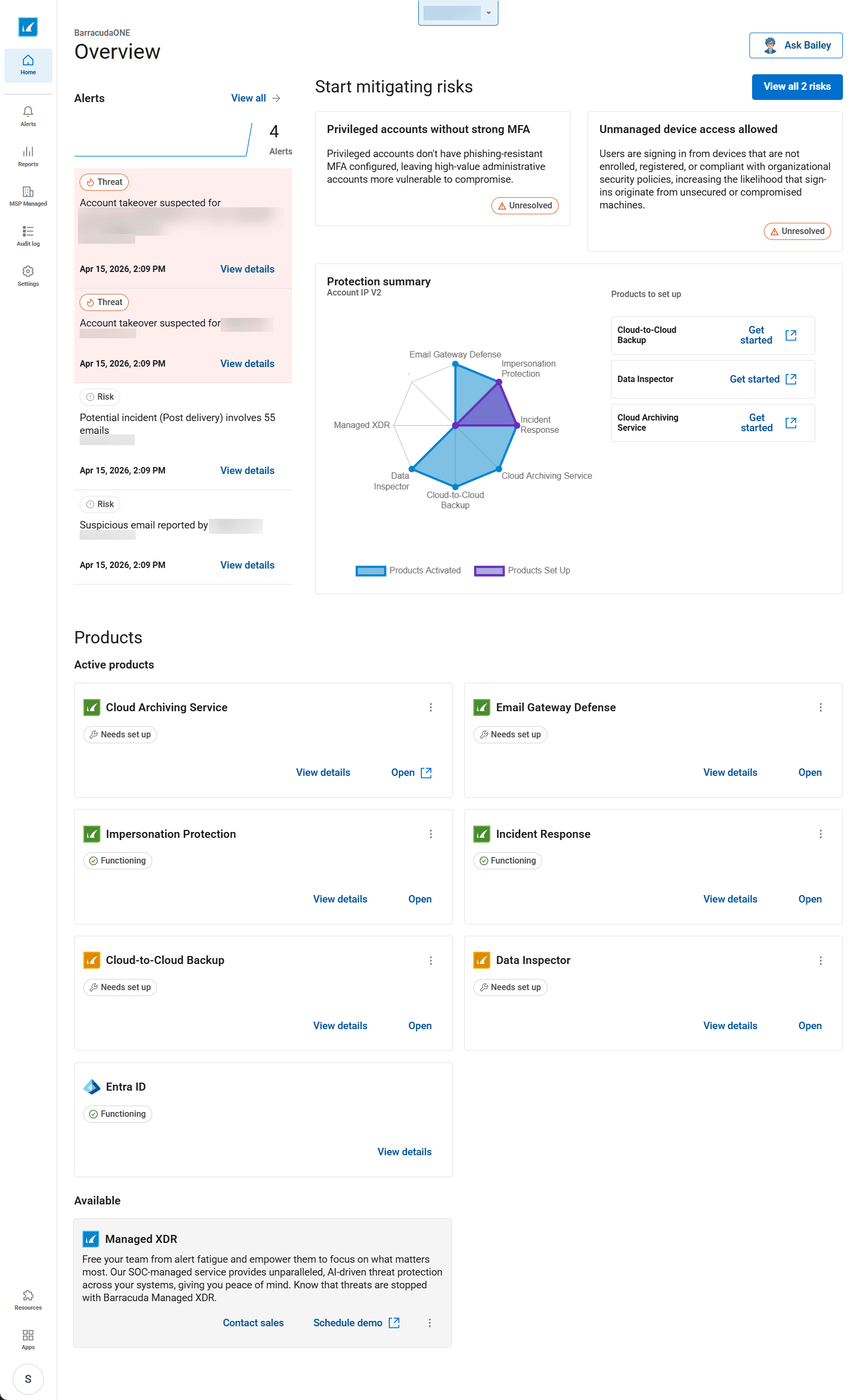 BarracudaONE account overview showing alerts, risk-remediation tasks, a protection summary, and activation status for Barracuda services