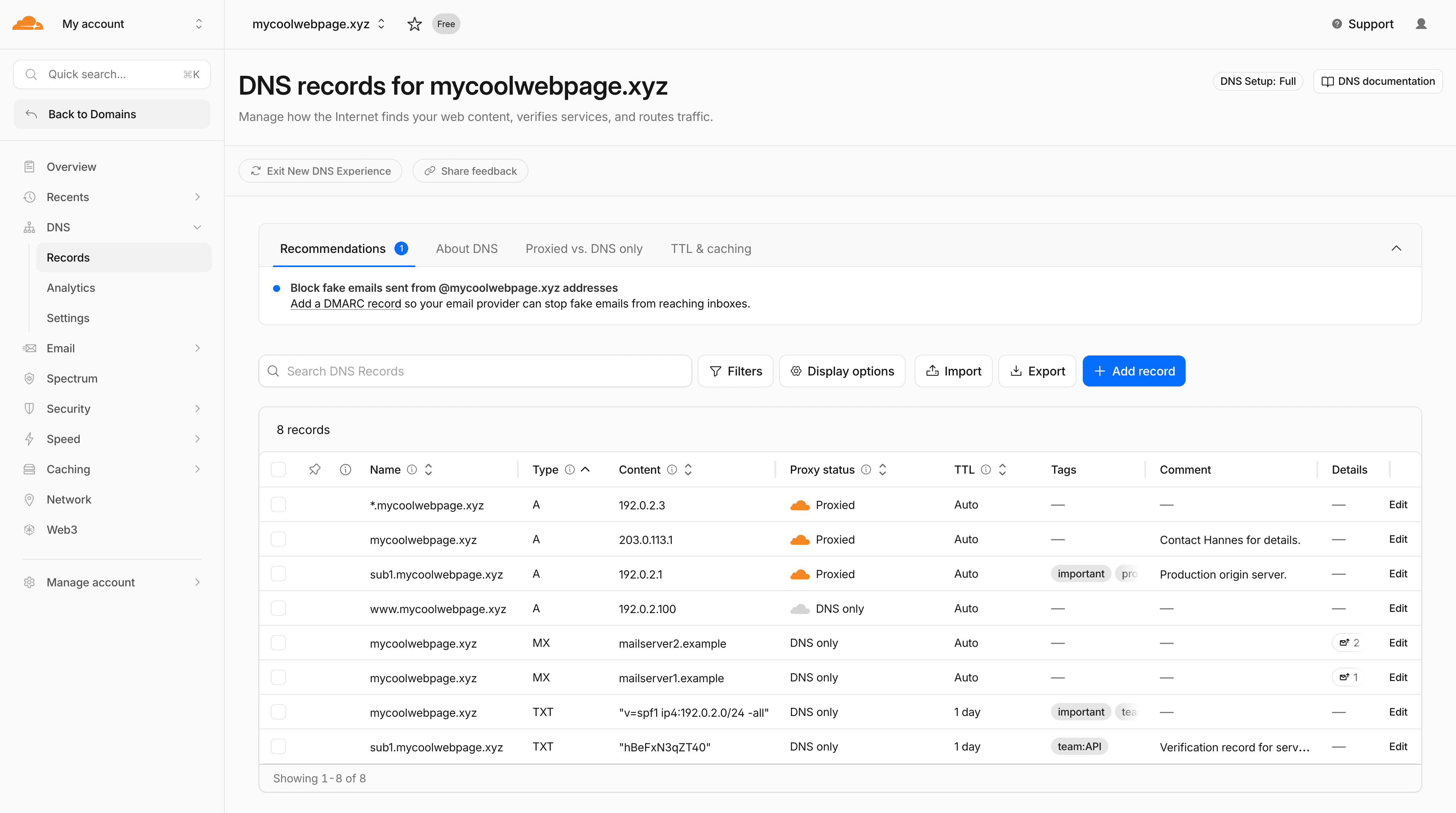 Cloudflare DNS records page for a Free-plan zone showing a recommendation to add a DMARC record and controls for finding and editing zone records