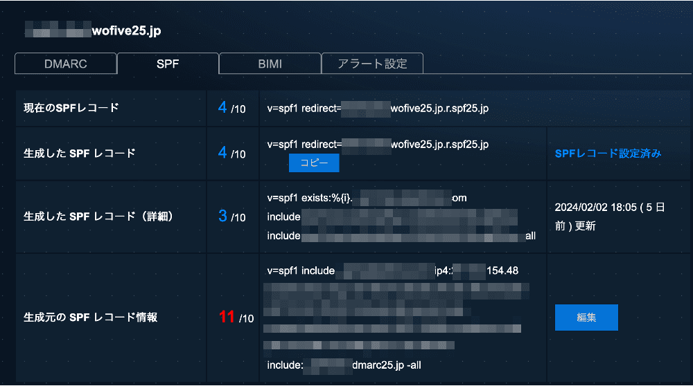 DMARC/25 Analyze SPF management screen with current and generated SPF records, include details, length counters, and edit controls