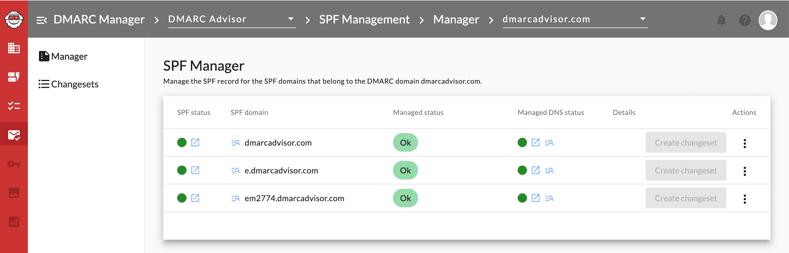 DMARC Manager SPF Manager showing managed SPF domains and changeset actions.