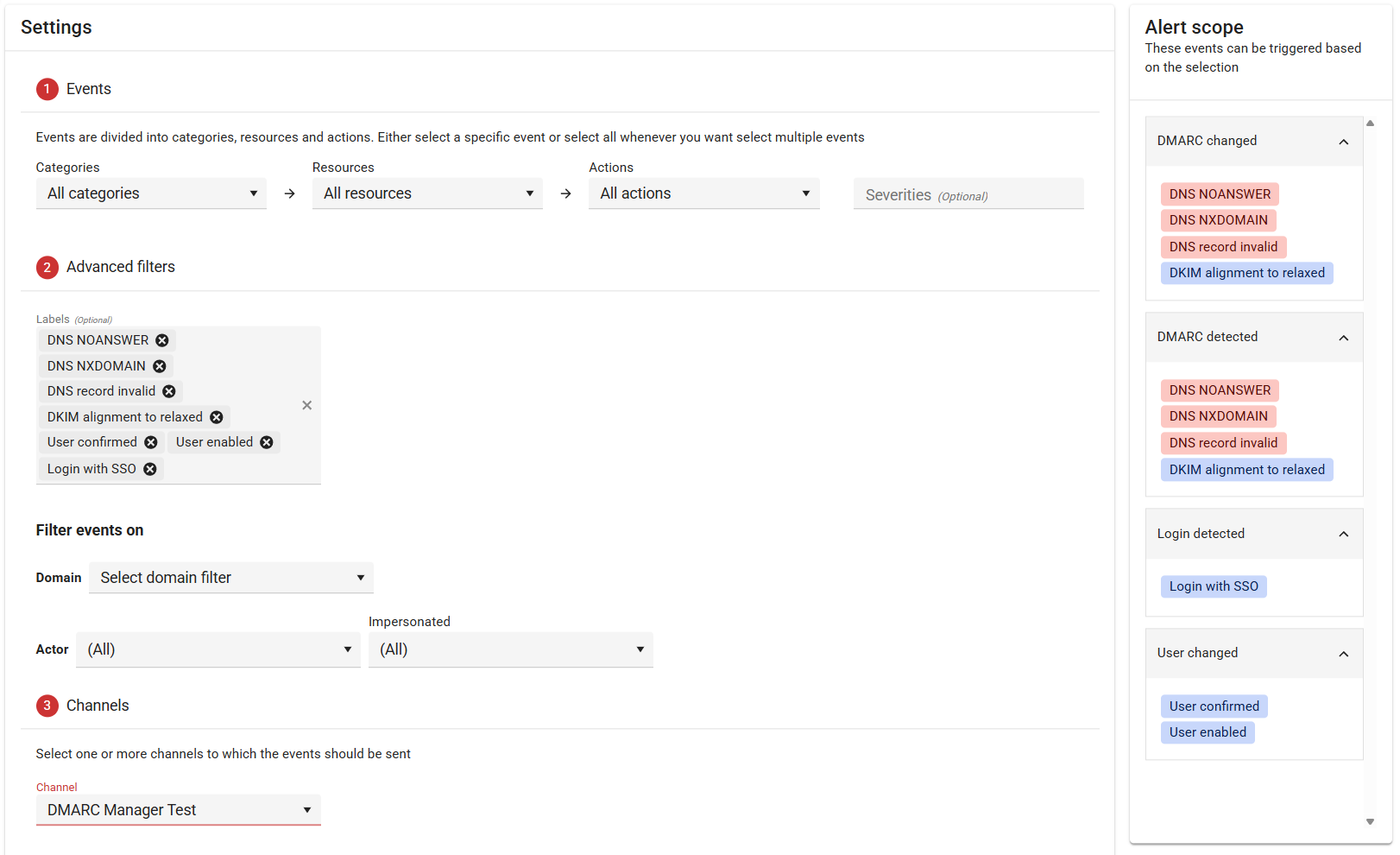 DMARC Manager alert scope settings showing event selectors, advanced filters, DNS and user-event labels, and a notification-channel selector