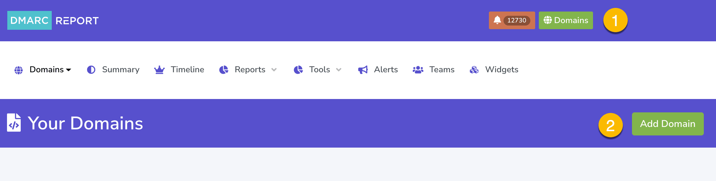 DMARC Report Domains view: purple product header with navigation for Domains, Summary, Timeline, Reports, Tools, Alerts, Teams and Widgets, and the Add Domain action highlighted in the domains workspace.