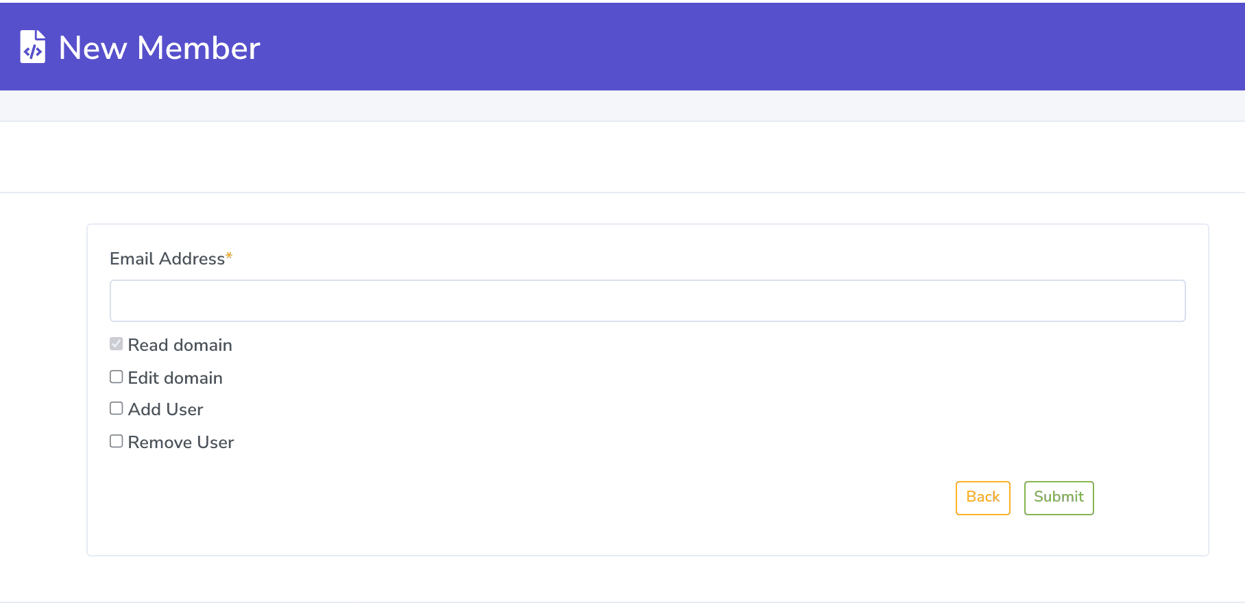 DMARC Report New Member form with read and edit domain permissions plus add and remove user controls