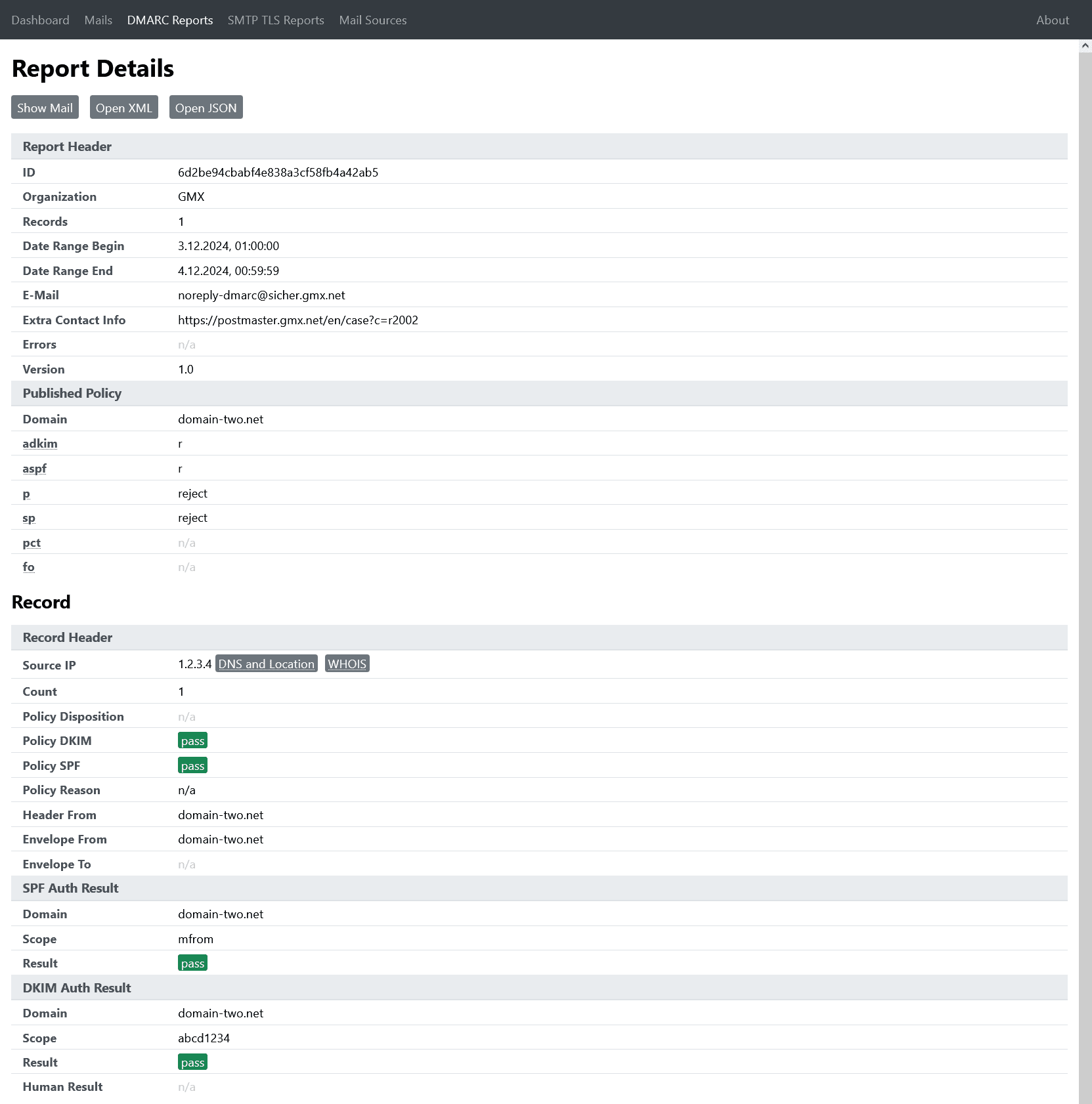 DMARC Report Viewer report details with published policy, SPF and DKIM results, and XML and JSON export controls