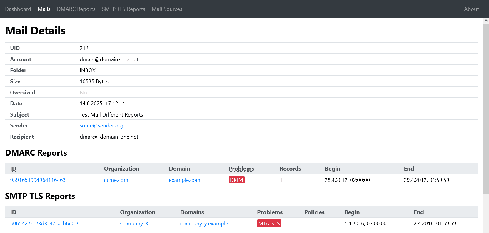 DMARC Report Viewer mail details with the account, INBOX folder, message metadata, and extracted DMARC and SMTP TLS reports