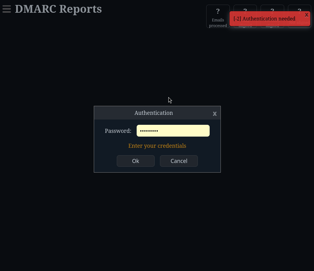DMARC-SRG domain administration flow showing the password prompt, Settings domain list, new-domain form, and saved example.com row