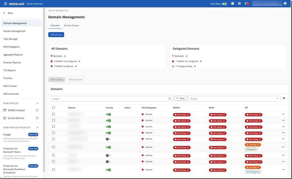 Mimecast DMARC Analyzer Domain Management overview showing all and delegated domain counts plus per-domain activity, DNS delegation, DMARC, DKIM, and SPF statuses