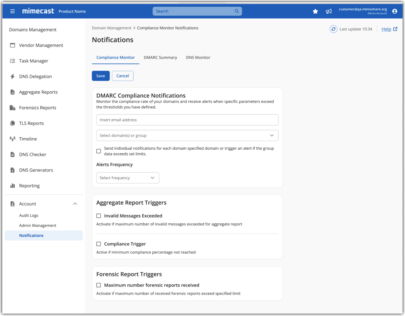 Mimecast DMARC Analyzer Compliance Monitor notification form showing domain scope, alert frequency, aggregate-report triggers, and forensic-report thresholds