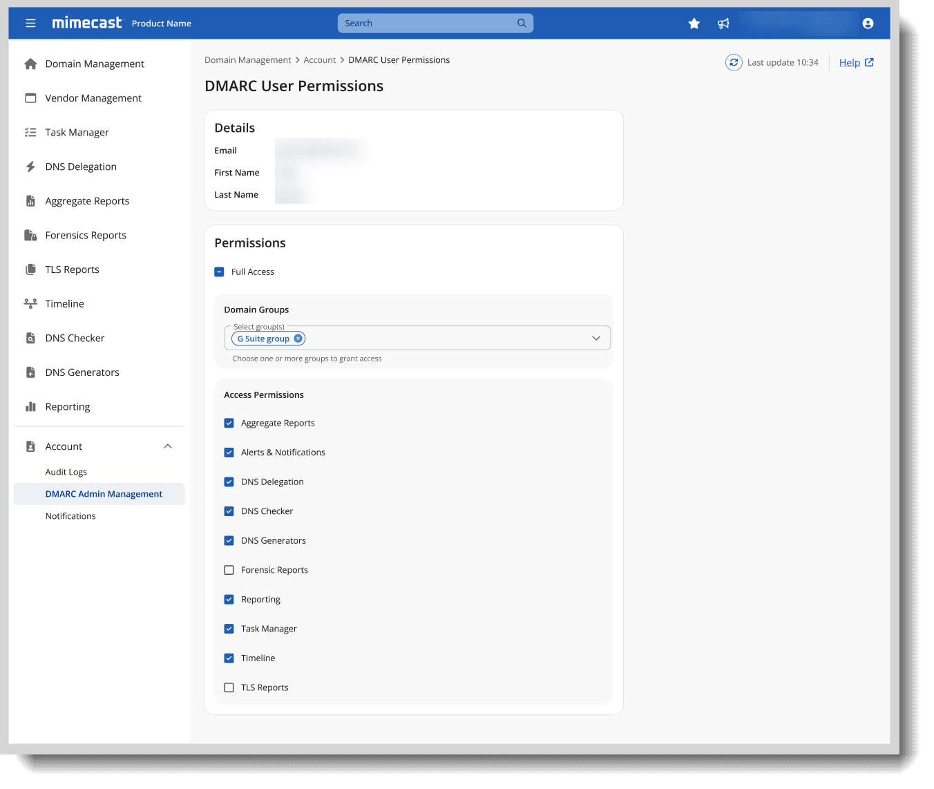 Mimecast DMARC Analyzer user-permissions form showing domain-group access and checkboxes for DNS delegation, DNS Checker, Task Manager, and Timeline