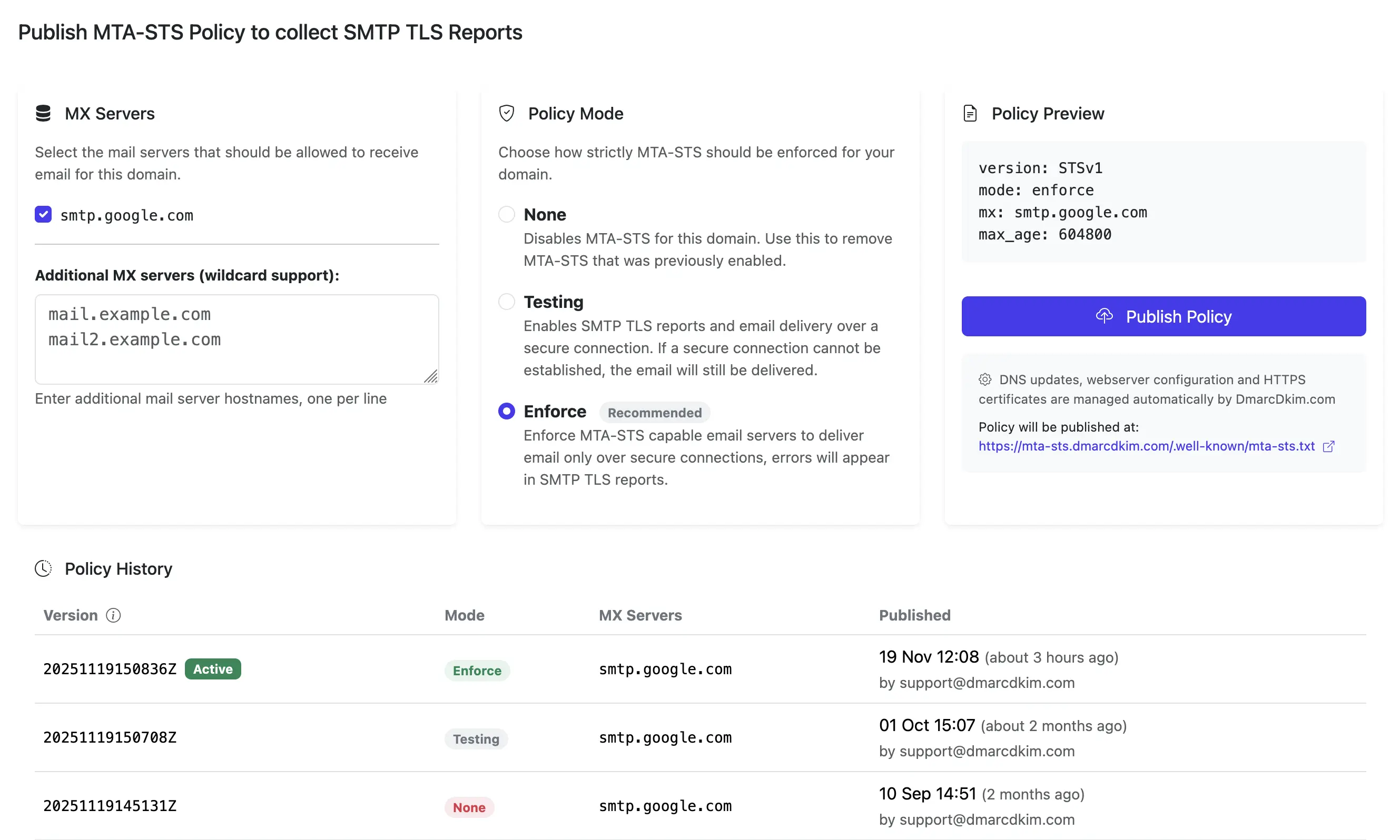 DMARCDKIM.com hosted MTA-STS publisher with MX-server selection, policy mode controls, a generated STSv1 policy, publish action, and policy history