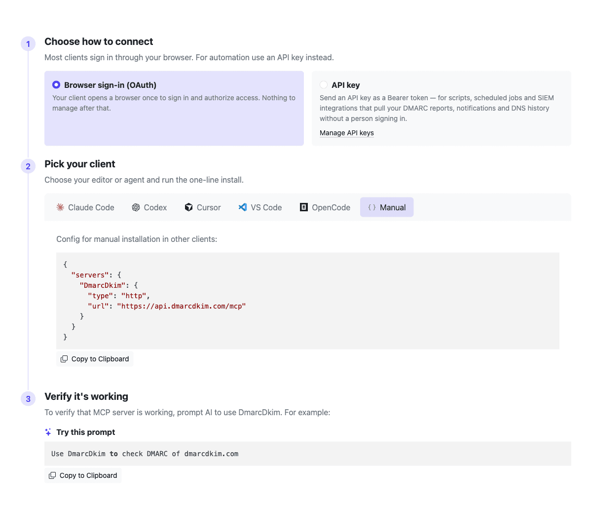 DMARCDKIM.com MCP connection setup with OAuth or API-key access, client tabs, manual JSON configuration, and a verification prompt