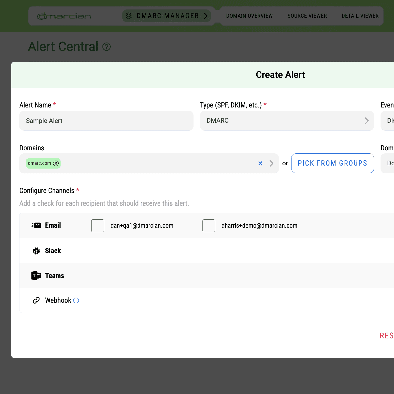 dmarcian Alert Central create-alert configuration form