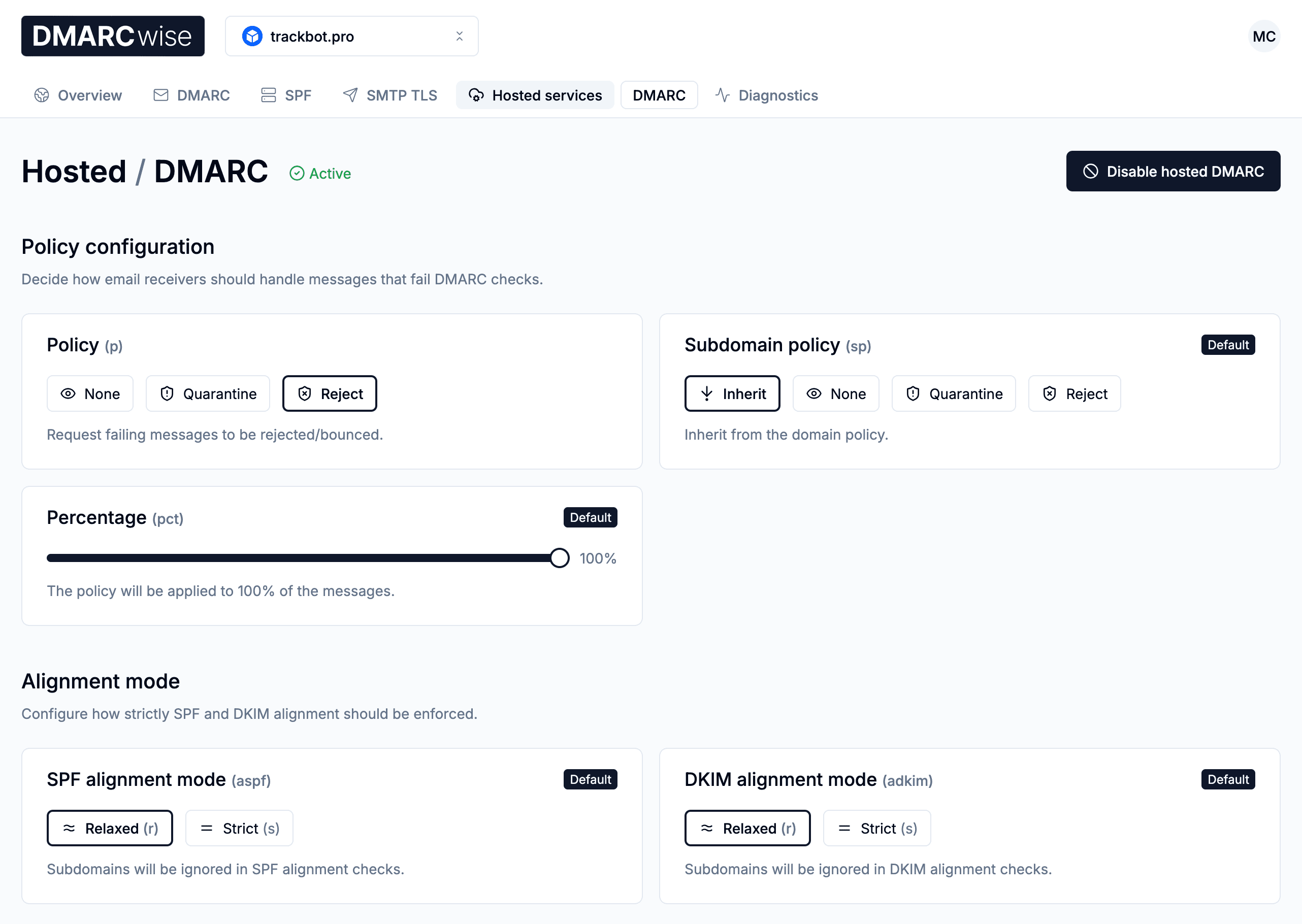 DMARCwise Hosted DMARC policy controls showing Reject, inherited subdomain handling, percentage rollout, and relaxed alignment modes