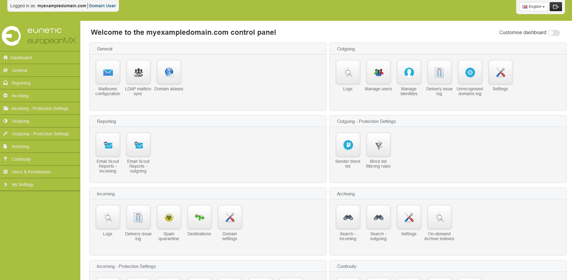 EuropeanMX control-panel home showing navigation and tiles for mailboxes, Email Scout reports, logs, quarantine, destinations, filtering settings, and archiving