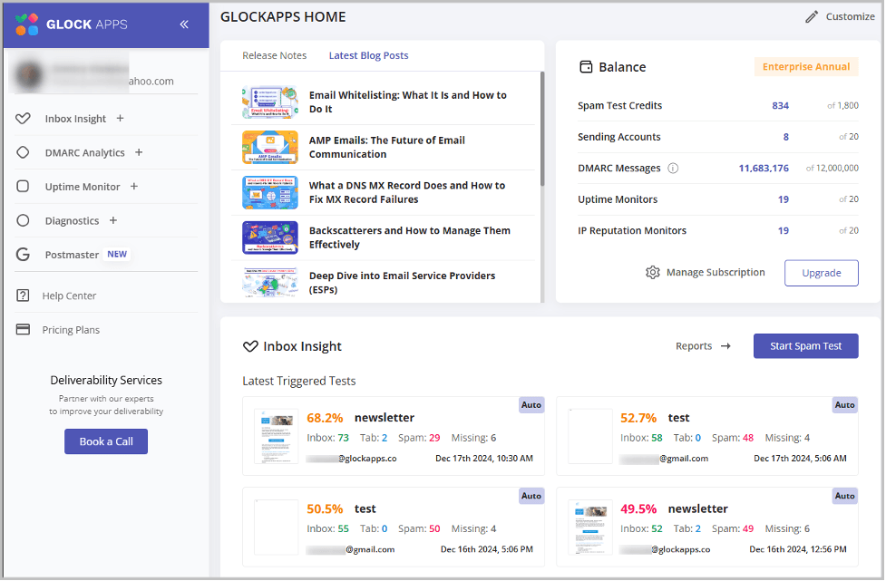 GlockApps Home showing an Enterprise Annual balance, remaining Inbox Insight tests, DMARC message usage, monitor quotas, and recent test results