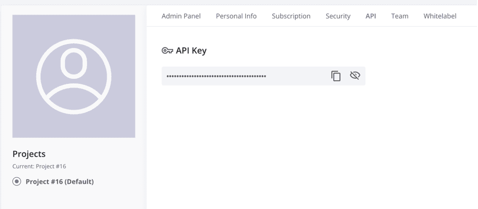 GlockApps account API settings showing the masked API key with copy and visibility controls and the current project
