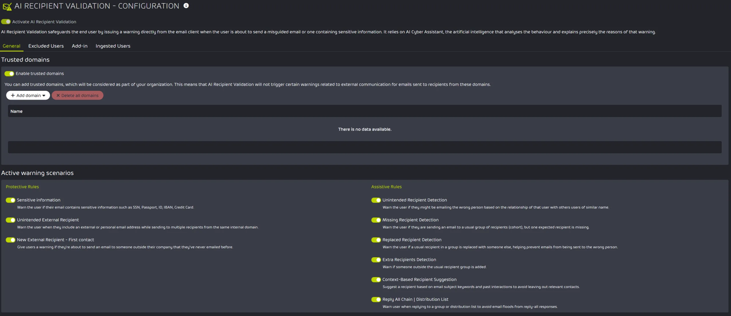 Hornetsecurity AI Recipient Validation configuration with trusted domains and protective and assistive warning rules