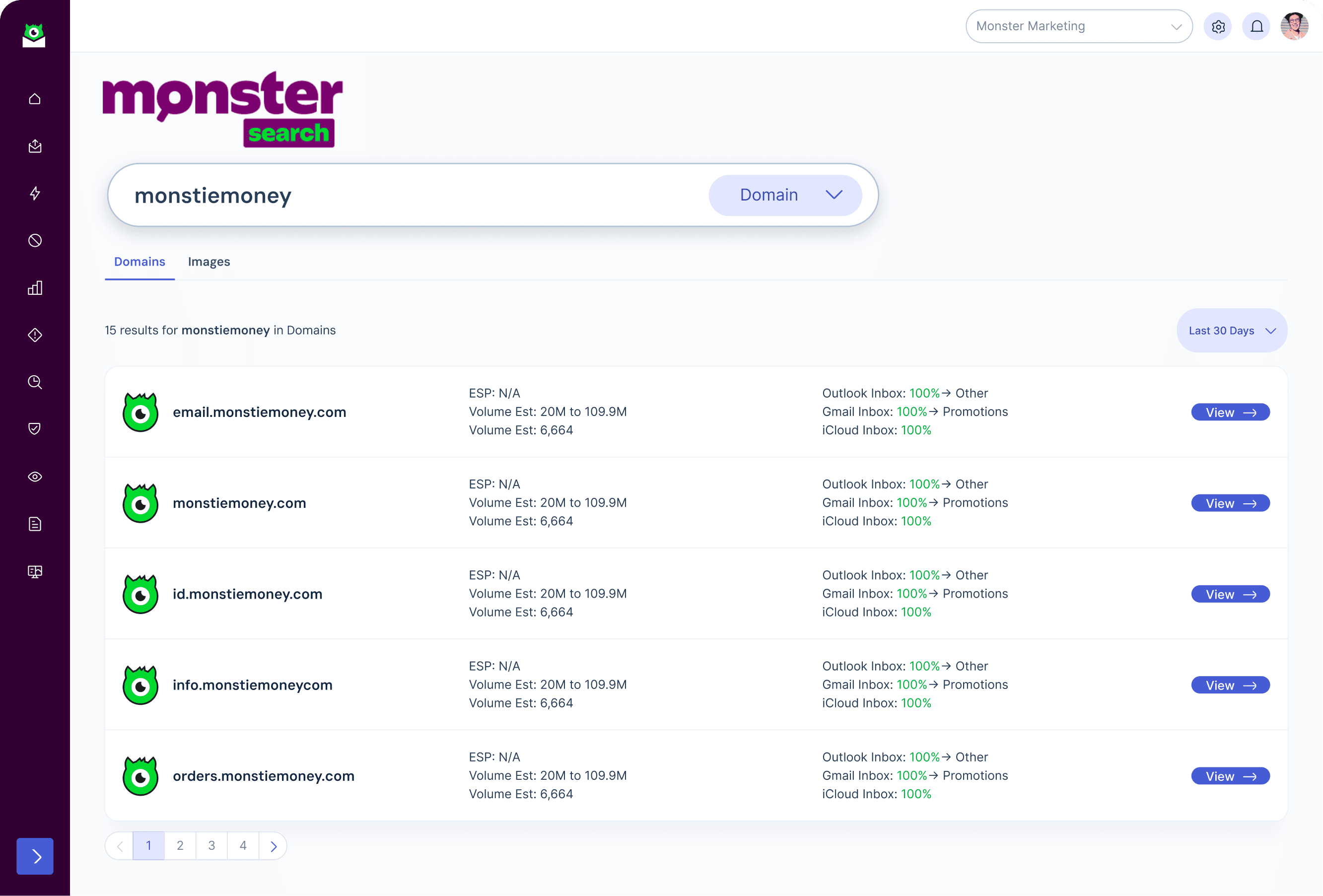 InboxMonster Monster Search results listing related monstiemoney domains with estimated volume and Outlook, Gmail, and iCloud inbox placement