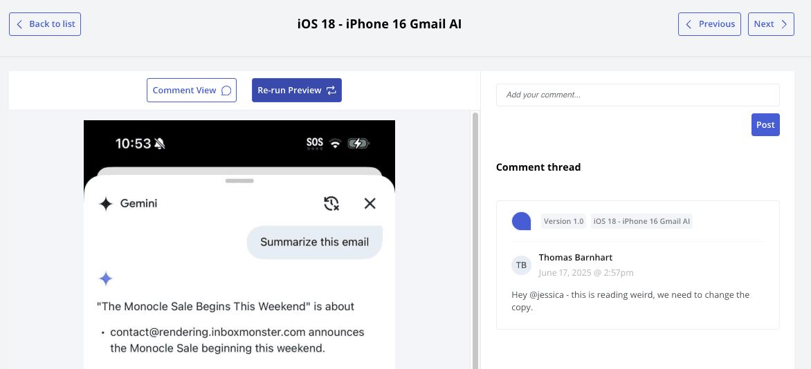 InboxMonster Gmail preview review workspace with Previous and Next controls, Re-run Preview, and a team member comment thread requesting a copy change