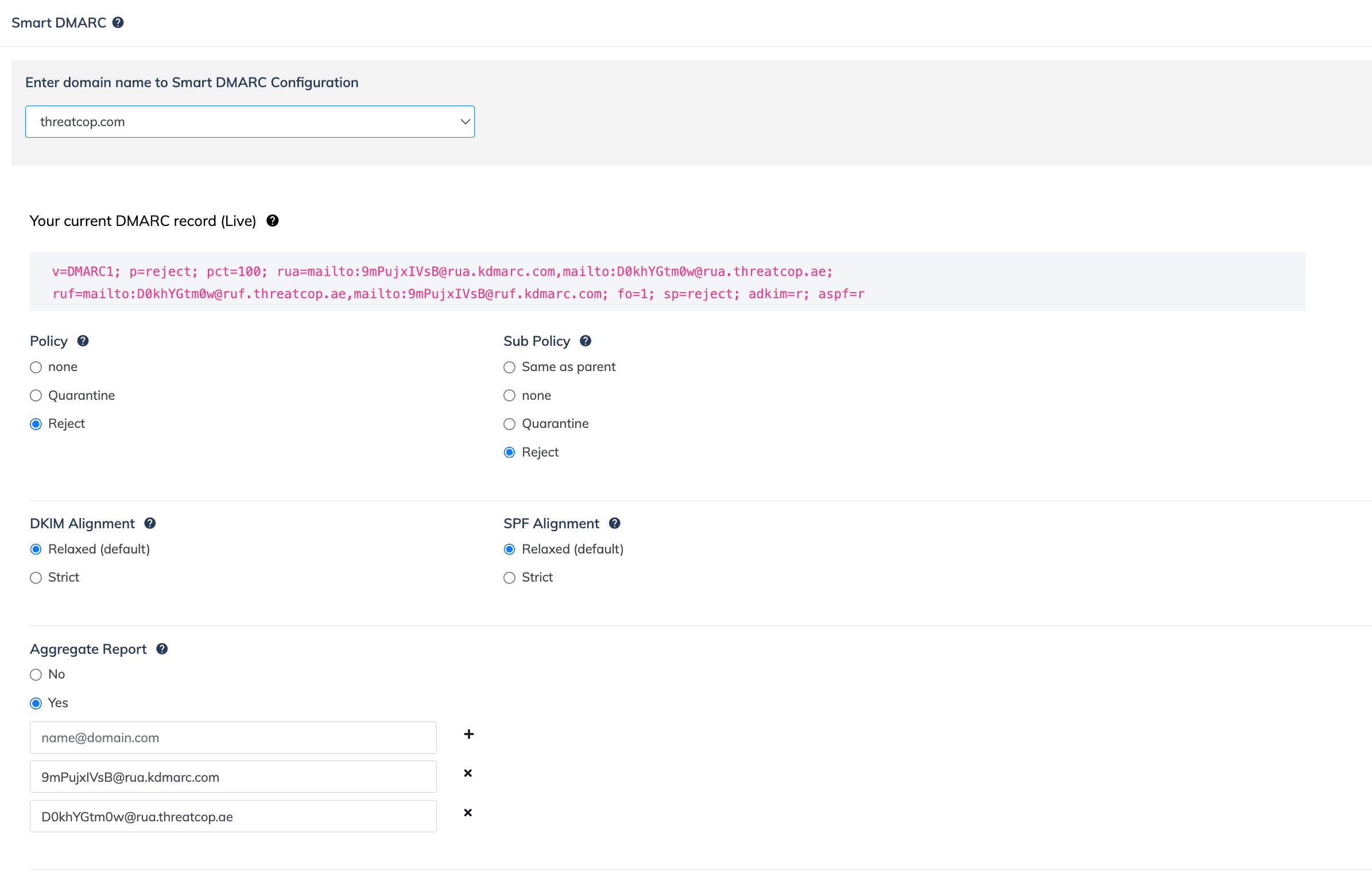 KDmarc Smart DMARC configuration screen with a live record and policy, alignment, and aggregate-report controls.
