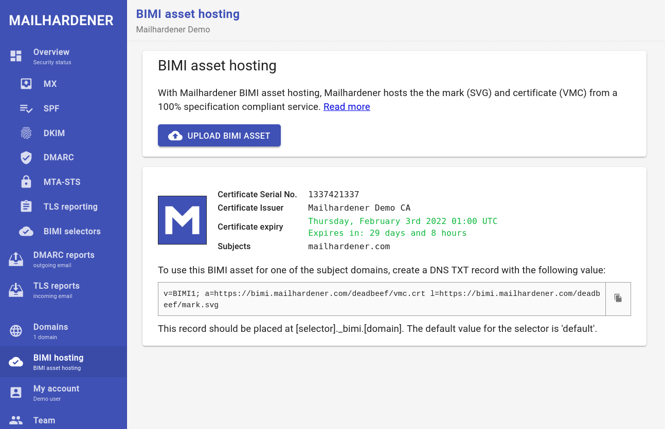 Mailhardener BIMI asset hosting page showing the upload control, certificate serial number, issuer, expiry and subject, and the generated DNS TXT record
