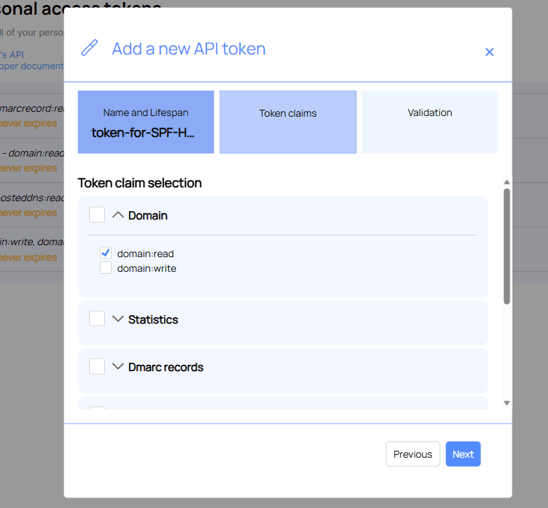 Merox Add a new API token wizard showing selectable read and write claims for domains, statistics, and DMARC records
