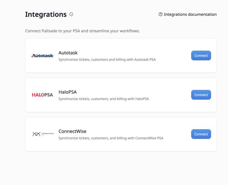 Palisade integrations catalog with Autotask, HaloPSA, and ConnectWise connection cards