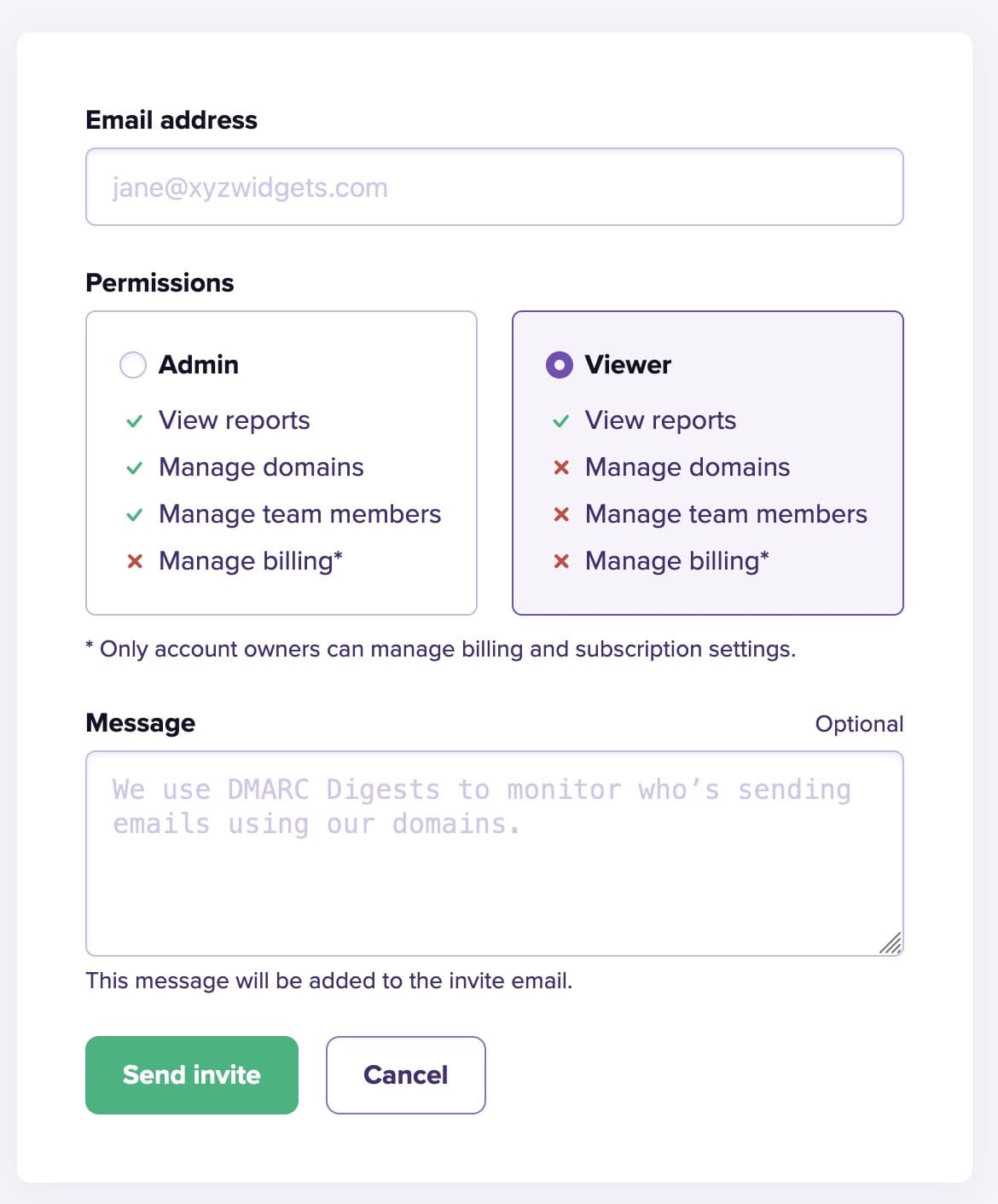 Postmark DMARC Digests team invitation form comparing Admin and Viewer permissions for reports, domains, team members, and billing