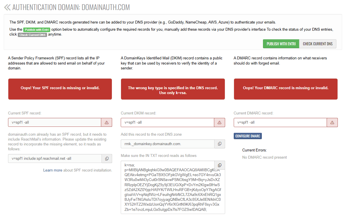 ReachMail authentication-domain screen showing SPF, DKIM, and DMARC errors, DNS record values, and publishing and validation controls