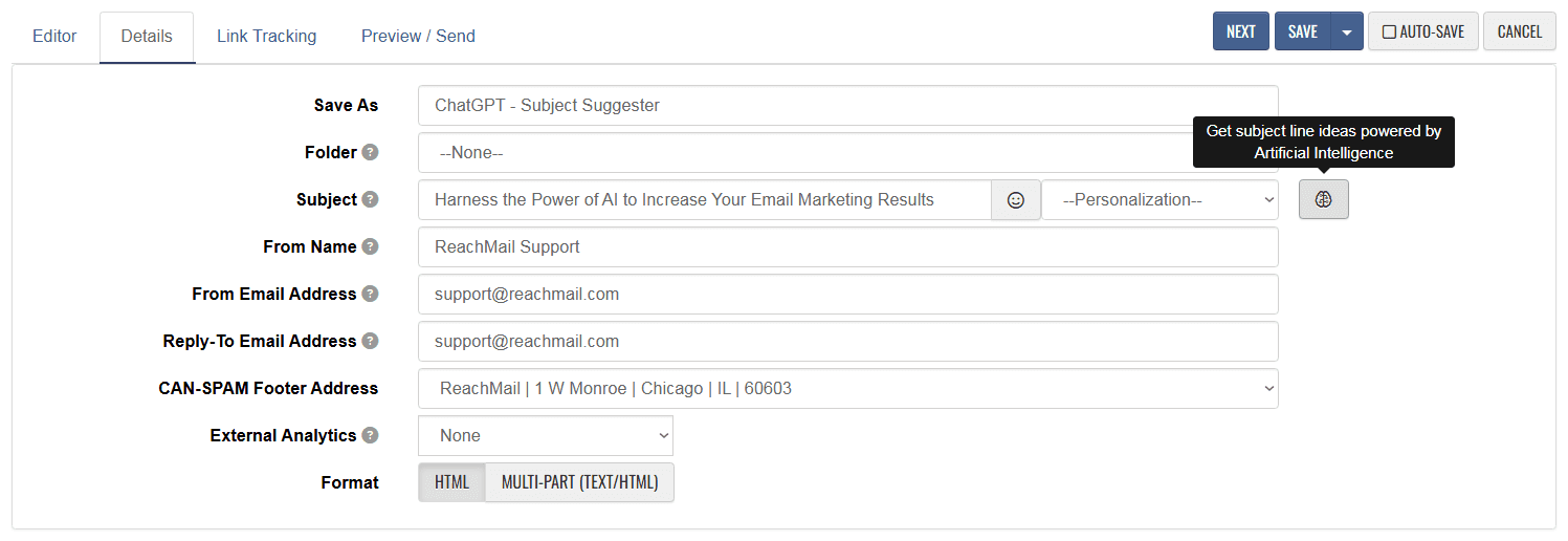 ReachMail mailing-details editor with an AI subject-line ideas control beside campaign sender and analytics settings