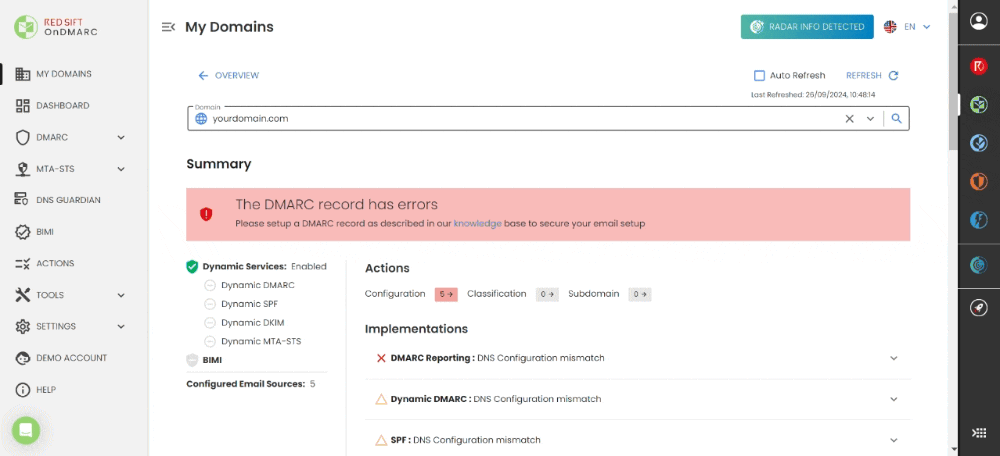 Red Sift OnDMARC My Domains screen progressing from a DMARC syntax error to Radar's raw-record warning and corrected DMARC record