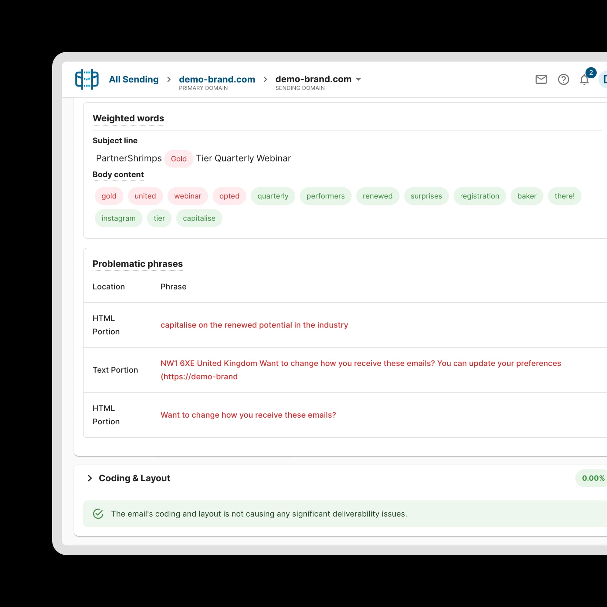 SendForensics content-analysis result screen