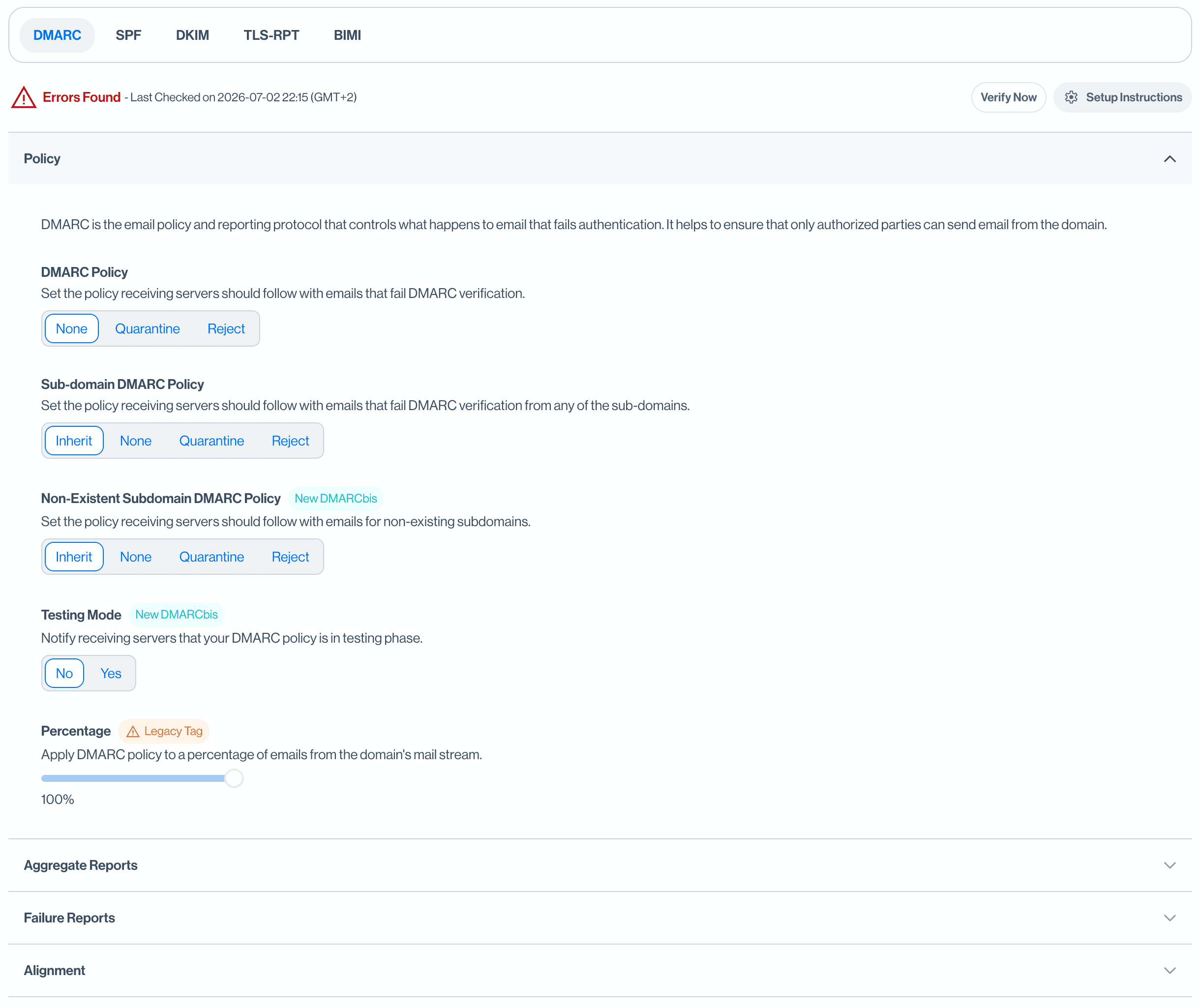 Sendmarc DMARC policy configuration screen with policy toggles