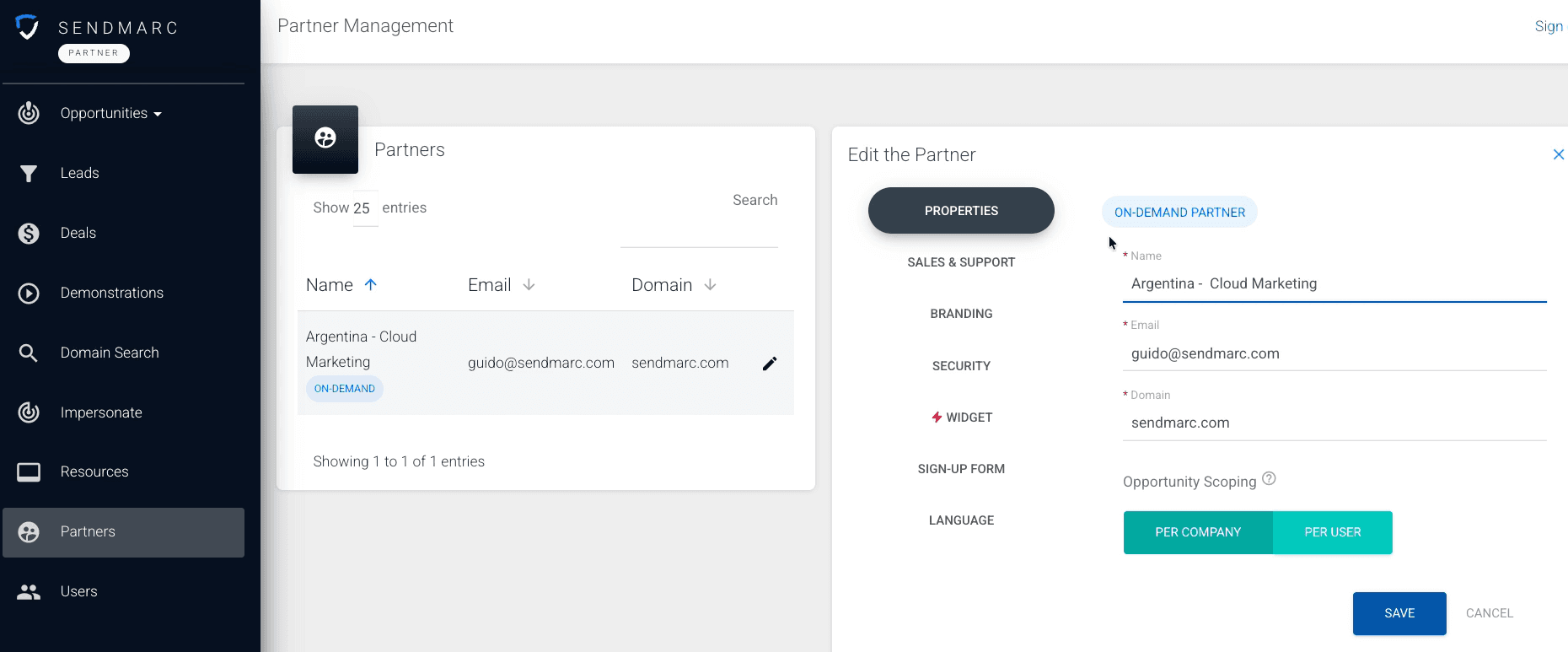 Sendmarc Partner Management screen with an on-demand partner account and opportunity-scoping controls
