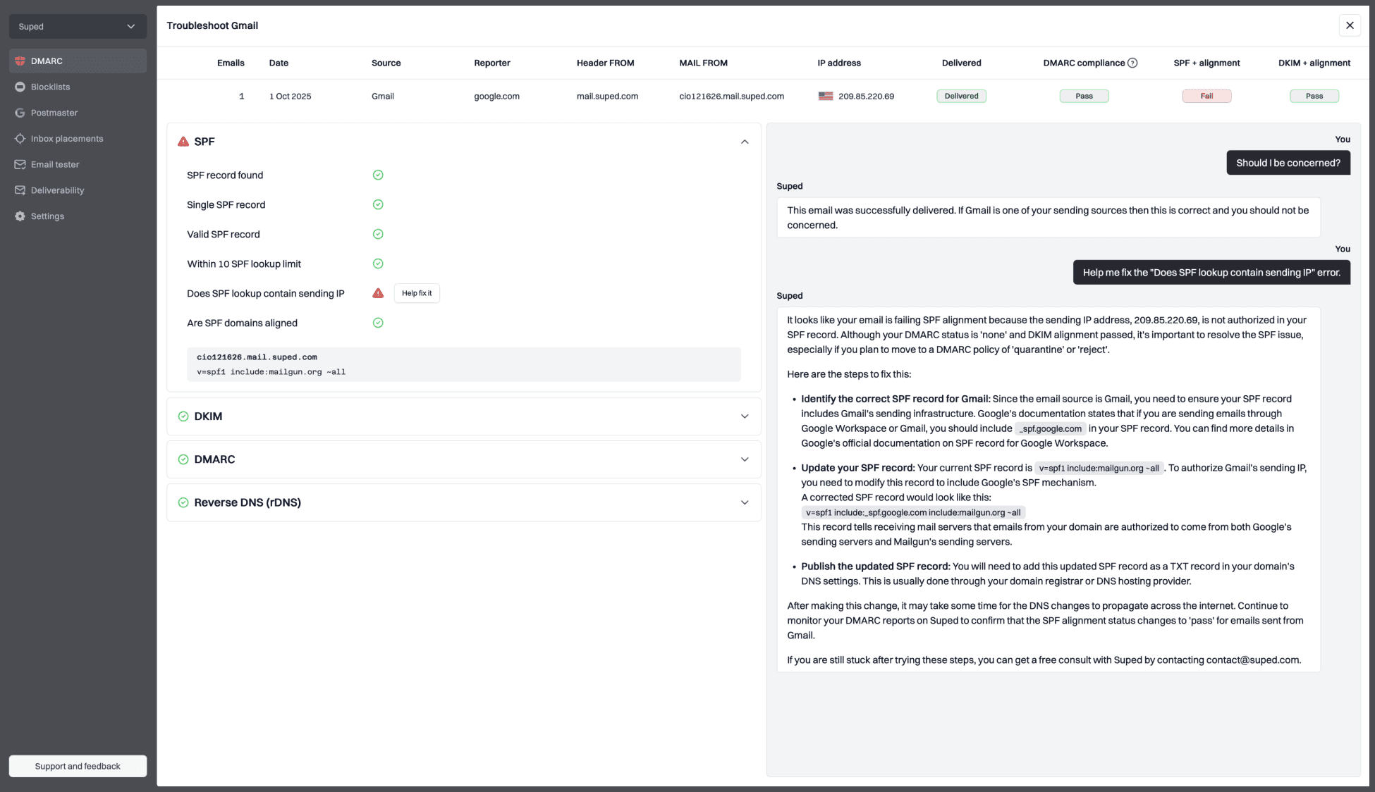 Suped Gmail troubleshooting detail with SPF diagnostic and remediation guidance
