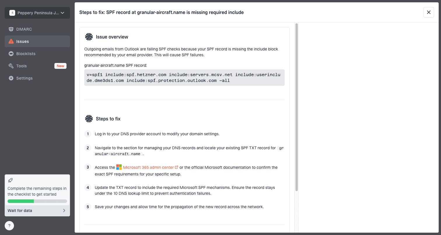 Suped issue resolution panel with an SPF record error and numbered steps to fix it