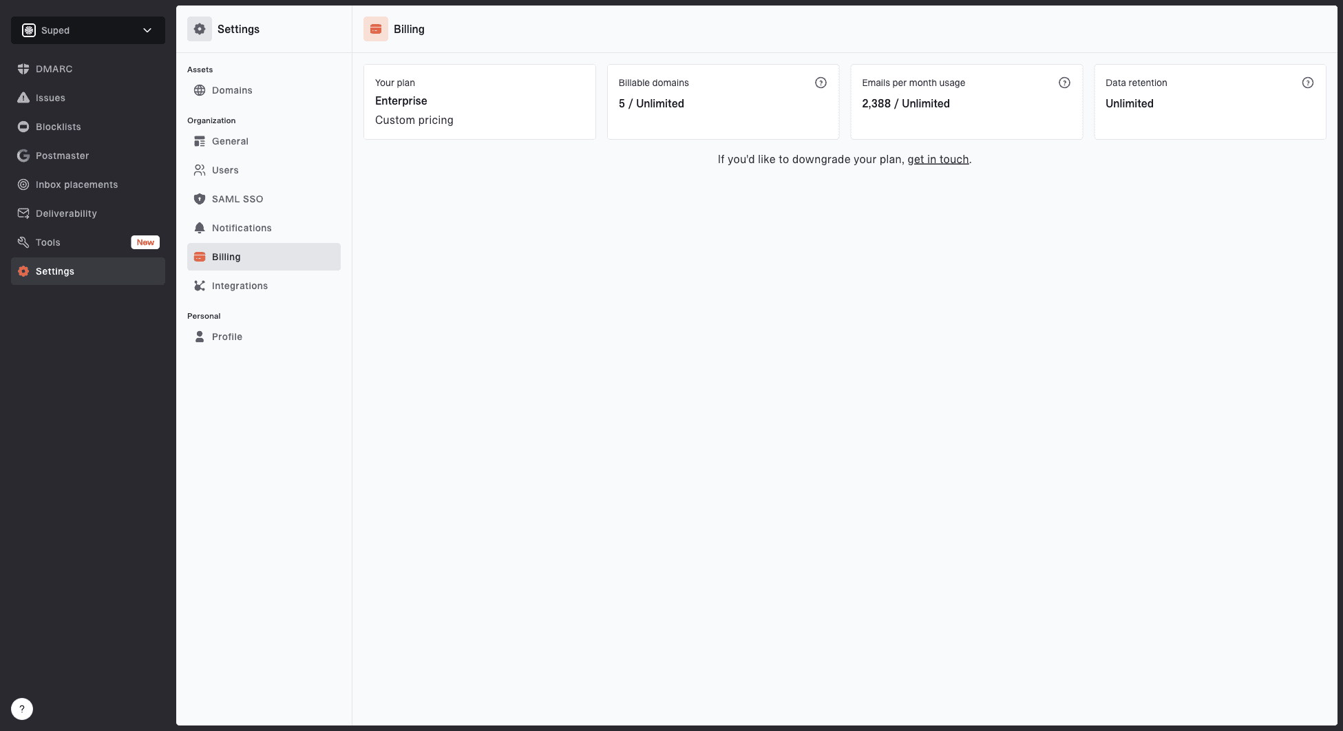 Suped billing settings showing plan, billable domains, monthly email usage, and data retention