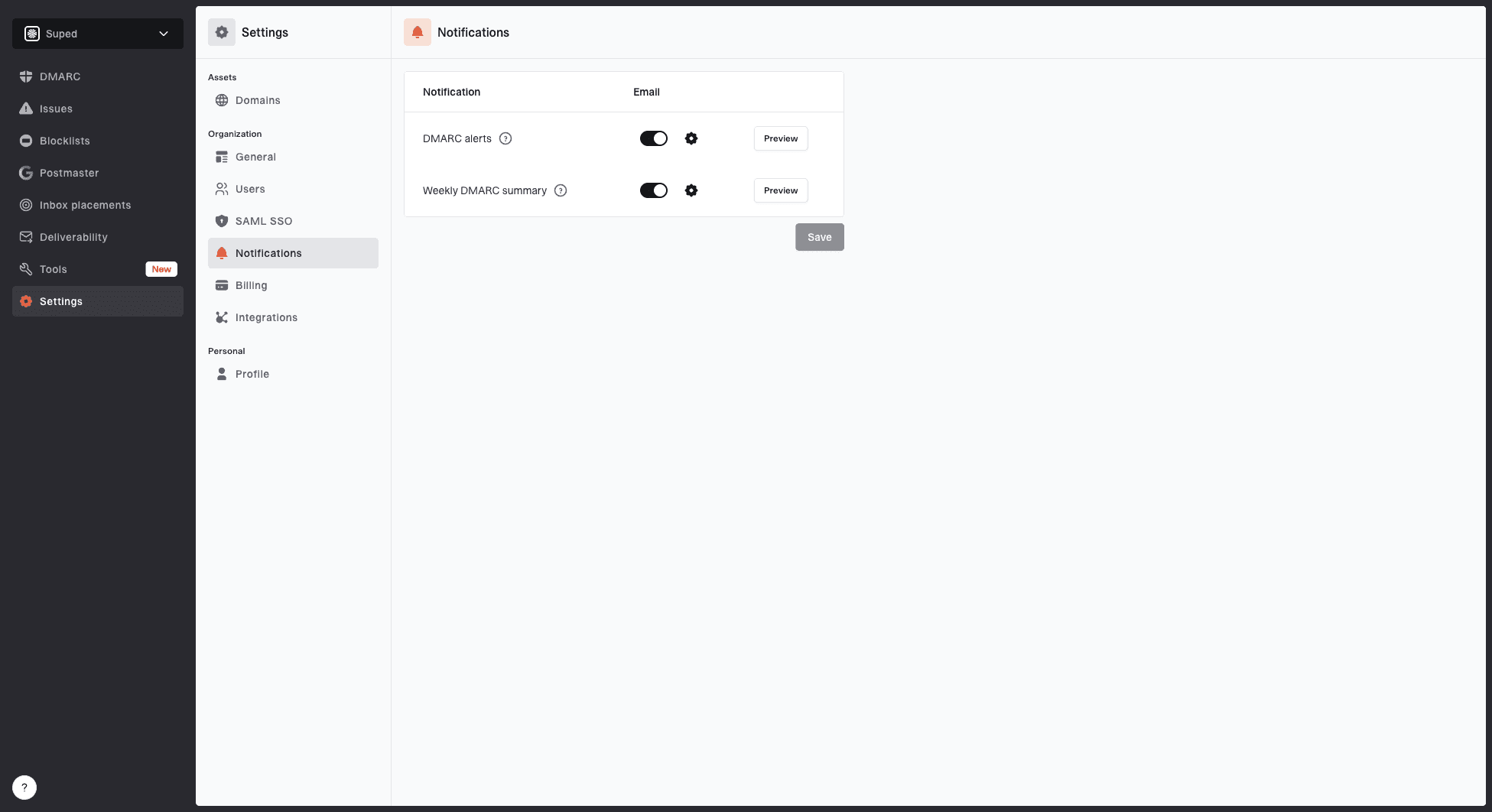 Suped notification settings with DMARC alert and weekly summary email controls