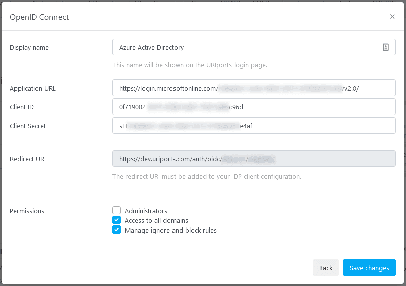 URIports OpenID Connect settings dialog with Azure Active Directory connection fields, a redirect URI, and administrator, all-domain access, and ignore/block-rule permissions