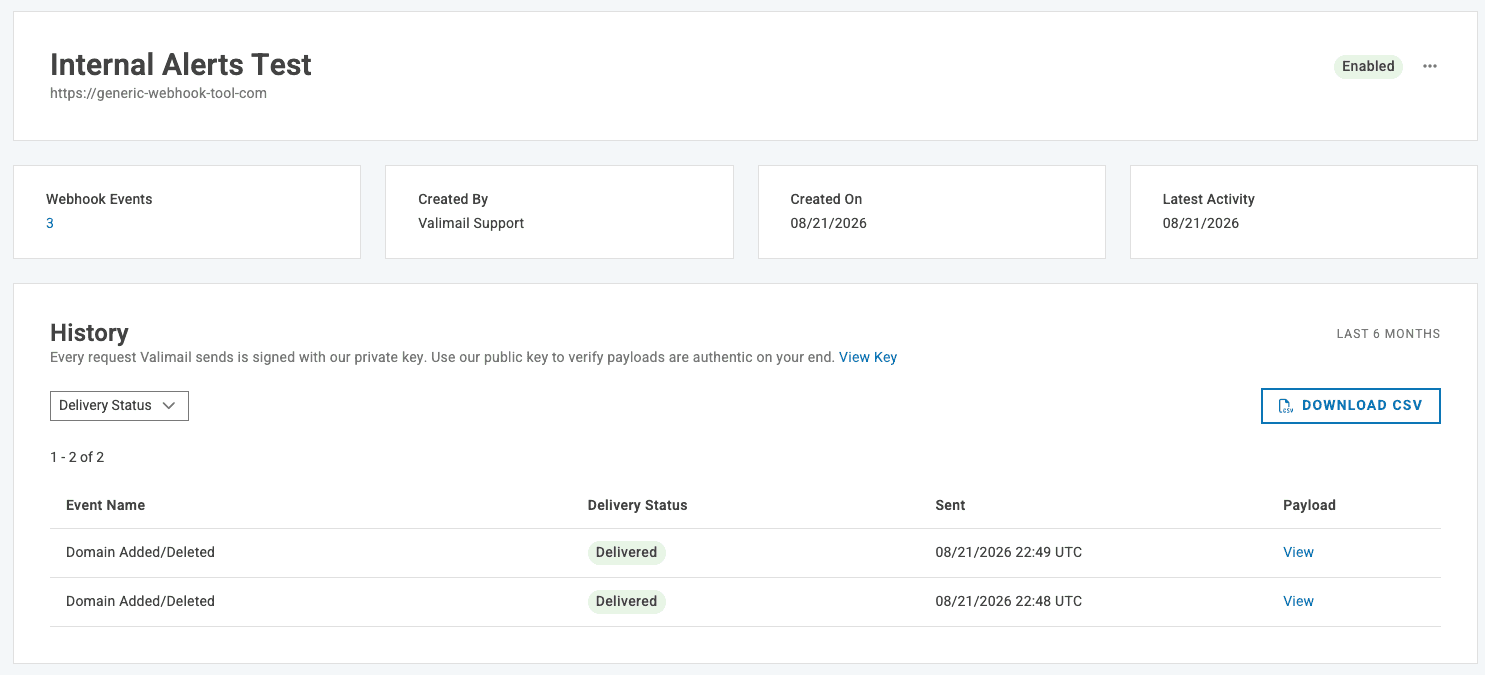 Valimail webhook detail page showing three configured events and delivered Domain Added/Deleted requests in its six-month history