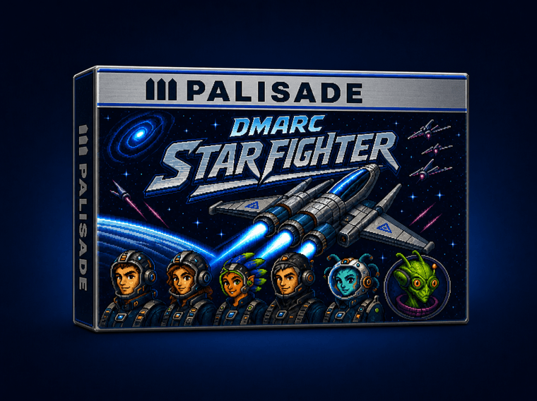 La boîte du jeu Palisade DMARC Star Fighter : six portraits d’équipage en pixel art et un chasseur à trois moteurs