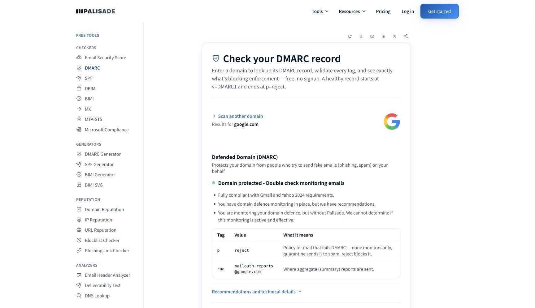 Palisade DMARC checker result showing a published DMARC policy, report destination, and record tags for a non-sensitive test domain.