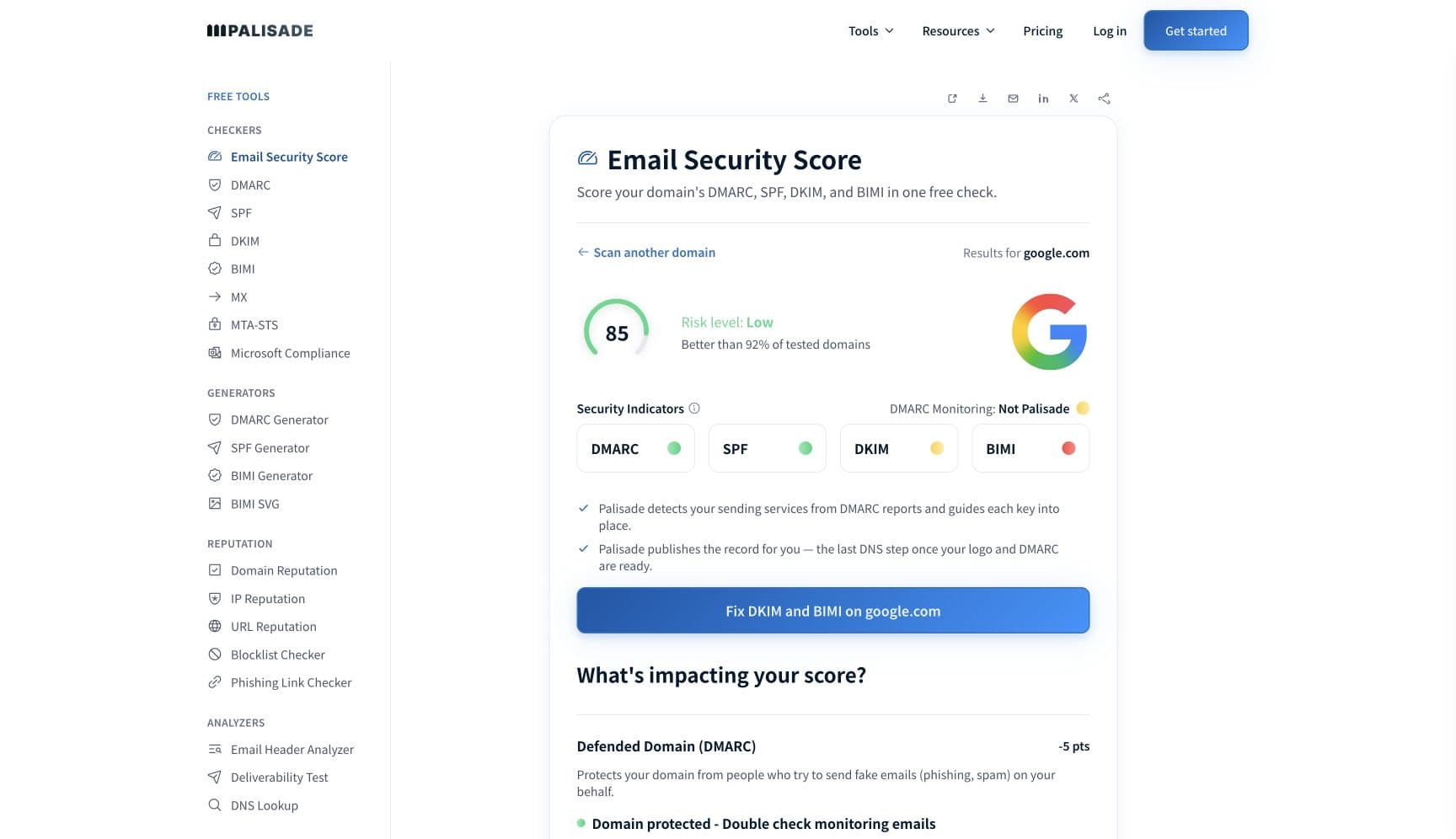 Palisade Email Security Score result showing public DMARC, SPF, DKIM, MX, and reputation checks for a non-sensitive test domain.