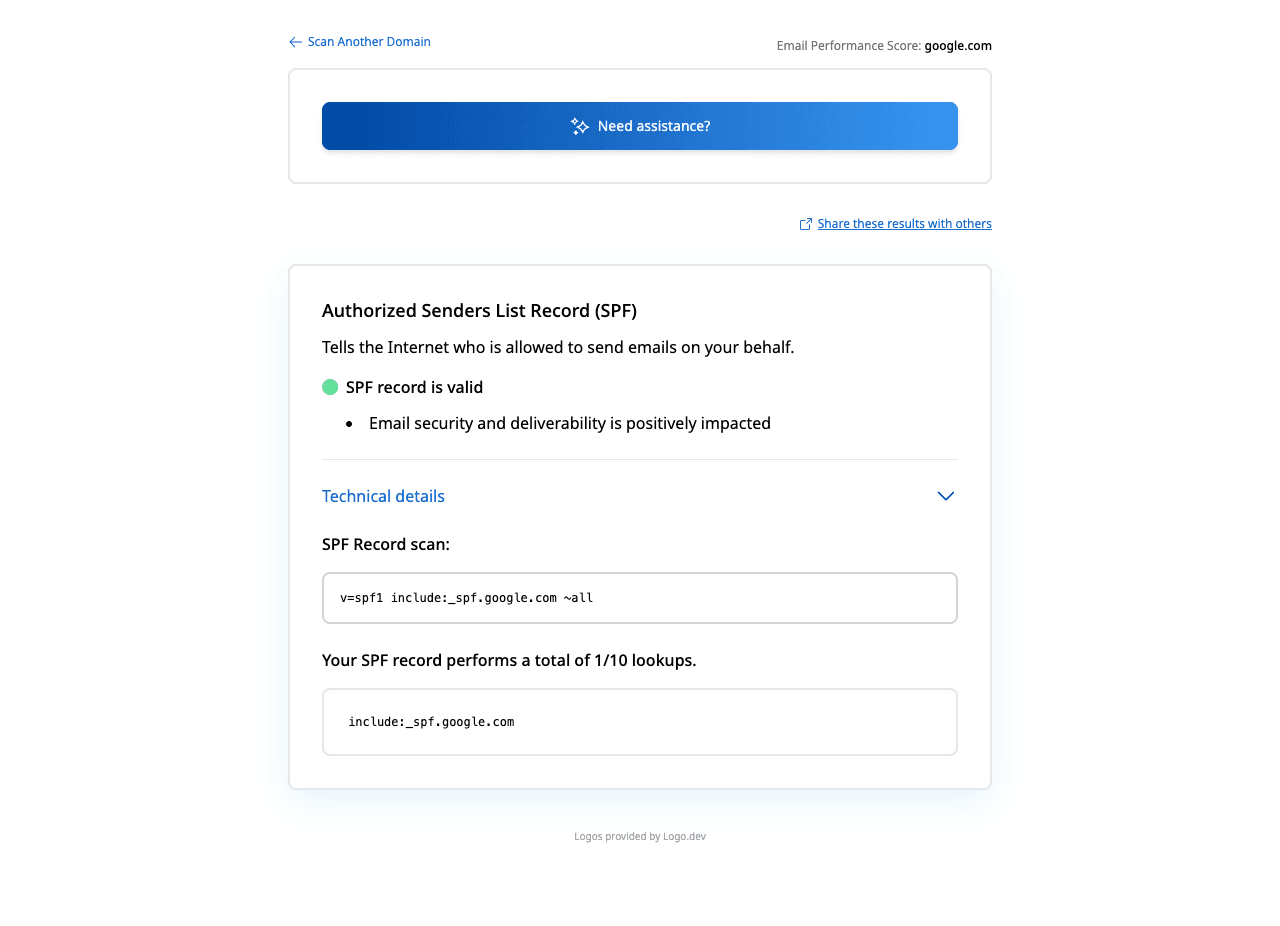 Palisade SPF checker result showing a published SPF record, authorized mechanisms, and lookup analysis for a non-sensitive test domain.