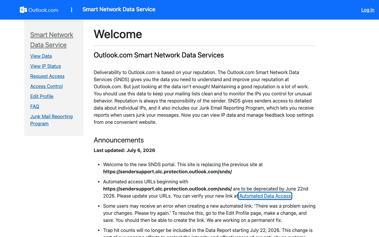 Microsoft Smart Network Data Services public landing page with sender IP data and access options.