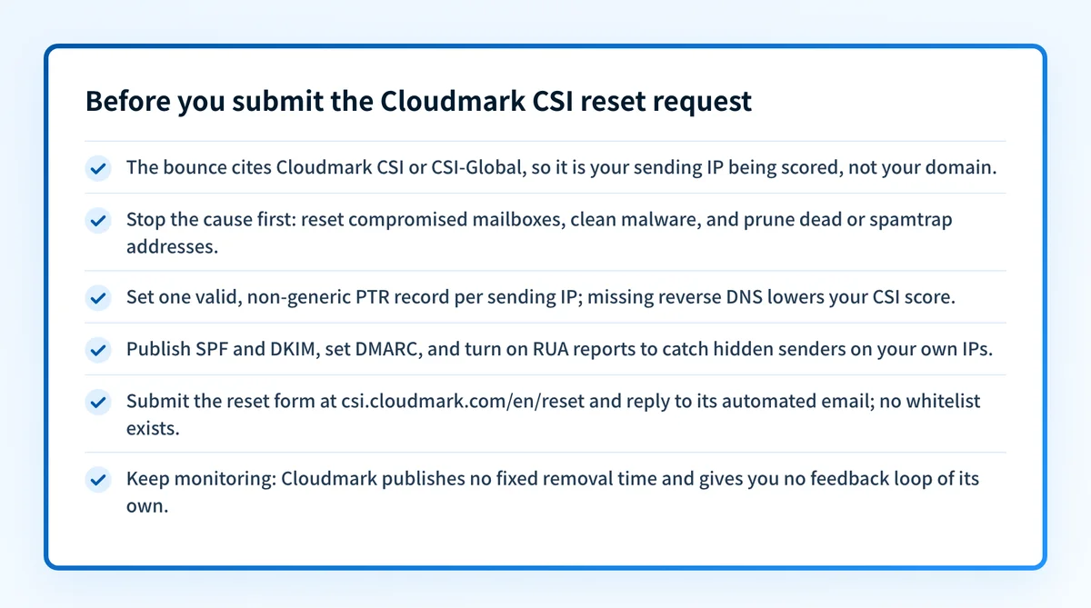 Checklist to complete before submitting the Cloudmark CSI reset request: confirm the bounce cites CSI on your sending IP, stop the cause, set valid reverse DNS, authenticate with SPF, DKIM, and DMARC plus RUA reporting, submit the reset form at csi.cloudmark.com/en/reset, and keep monitoring because Cloudmark publishes no fixed removal time.