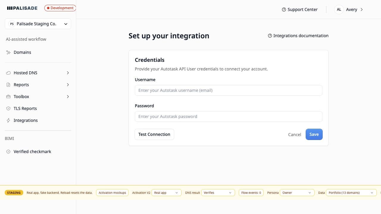 Empty Autotask API-user credential form in Palisade, with Username and Password fields