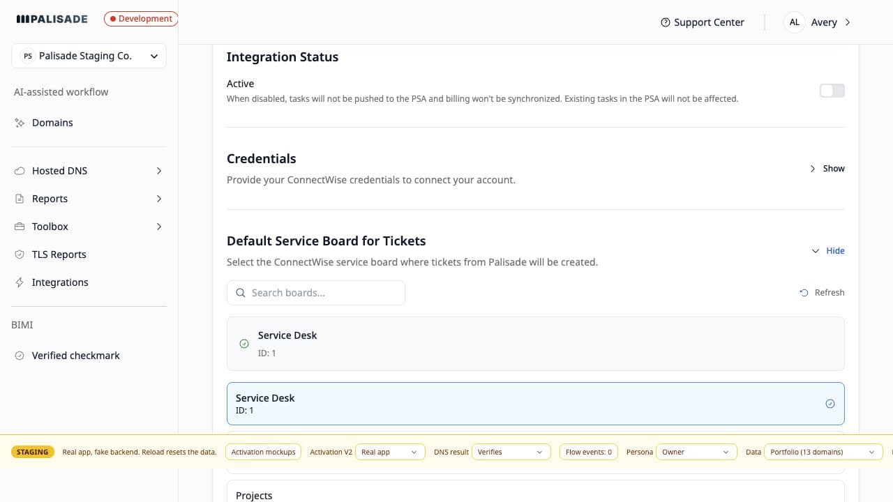 ConnectWise service-board selection in Palisade’s integration workflow using demonstration data