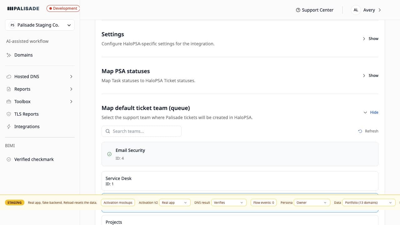 HaloPSA support-team selection in Palisade, showing Email Security selected and Service Desk as an alternative